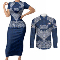 American Samoa Eagle Couples Matching Short Sleeve Bodycon Dress and Long Sleeve Button Shirt Sea Turtle Traditional Polynesian Tribal Tattoo