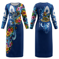 American Samoa Pago Pago Couples Matching Long Sleeve Bodycon Dress and Long Sleeve Button Shirt Sea Turtle And Fruit Bat - Tropical Hibiscus Flowers Polynesian