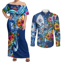 American Samoa Pago Pago Couples Matching Off Shoulder Maxi Dress and Long Sleeve Button Shirt Sea Turtle And Fruit Bat - Tropical Hibiscus Flowers Polynesian