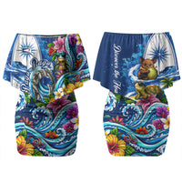 American Samoa Pago Pago Couples Matching Off Shoulder Short Dress and Long Sleeve Button Shirt Sea Turtle And Fruit Bat - Tropical Hibiscus Flowers Polynesian