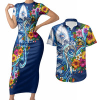 American Samoa Pago Pago Couples Matching Short Sleeve Bodycon Dress and Hawaiian Shirt Sea Turtle And Fruit Bat - Tropical Hibiscus Flowers Polynesian