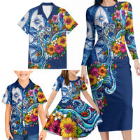American Samoa Pago Pago Family Matching Long Sleeve Bodycon Dress and Hawaiian Shirt Sea Turtle And Fruit Bat - Tropical Hibiscus Flowers Polynesian