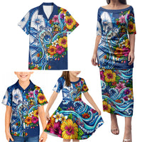 American Samoa Pago Pago Family Matching Puletasi and Hawaiian Shirt Sea Turtle And Fruit Bat - Tropical Hibiscus Flowers Polynesian