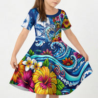 American Samoa Pago Pago Kid Short Sleeve Dress Sea Turtle And Fruit Bat - Tropical Hibiscus Flowers Polynesian