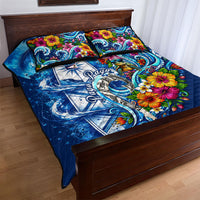 American Samoa Pago Pago Quilt Bed Set Sea Turtle And Fruit Bat - Tropical Hibiscus Flowers Polynesian