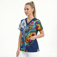 American Samoa Pago Pago Scrub Top Sea Turtle And Fruit Bat - Tropical Hibiscus Flowers Polynesian