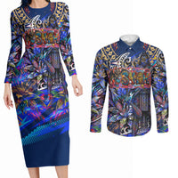 American Samoa Warrior Couples Matching Long Sleeve Bodycon Dress and Long Sleeve Button Shirt Polynesian Fruit Bat Talofa Urban Graffiti Street Art