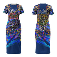 American Samoa Warrior Couples Matching Short Sleeve Bodycon Dress and Hawaiian Shirt Polynesian Fruit Bat Talofa Urban Graffiti Street Art