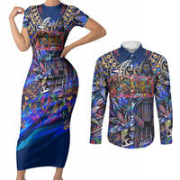 American Samoa Warrior Couples Matching Short Sleeve Bodycon Dress and Long Sleeve Button Shirt Polynesian Fruit Bat Talofa Urban Graffiti Street Art