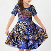 American Samoa Warrior Kid Short Sleeve Dress Polynesian Fruit Bat Talofa Urban Graffiti Street Art