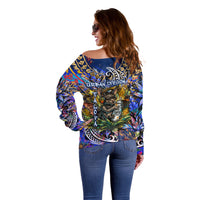 American Samoa Warrior Off Shoulder Sweater Polynesian Fruit Bat Talofa Urban Graffiti Street Art