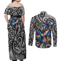 Chur Bro Shaka Sign Couples Matching Off Shoulder Maxi Dress and Long Sleeve Button Shirt New Zealand Koru Colorful Graffiti Splash