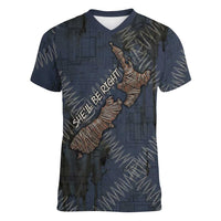 New Zealand She’ll Be Right Women V-Neck T-Shirt NZ Slang No. 8 Wire Map Pattern