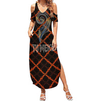 Tu Meke Maori New Zealand Slang Summer Maxi Dress with Glow Neon Step Style TS04 Women Black Orange - Polynesian Pride