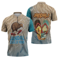 Kiwi Jandal Beach Life Zipper Polo Shirt New Zealand Flip Flops Ocean Wave Surf Style