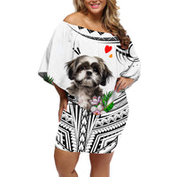 Polynesian Shih Tzu Off Shoulder Short Dress Polynesian Pattern And Shih Tzu TS04 Women White - Polynesian Pride