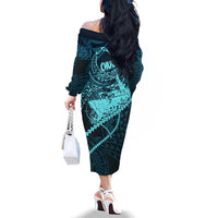 Chuuk Deep Into Truk Lagoon Family Matching Off The Shoulder Long Sleeve Dress and Hawaiian Shirt Polynesian Tribal Pattern Wreck Diving Teal Ship Art
