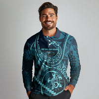 Chuuk Deep Into Truk Lagoon Long Sleeve Polo Shirt Polynesian Tribal Pattern Wreck Diving Teal Ship Art