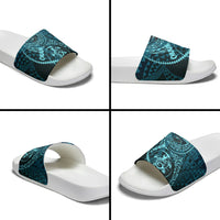 Chuuk Deep Into Truk Lagoon Slide Sandals Polynesian Tribal Pattern Wreck Diving Teal Ship Art