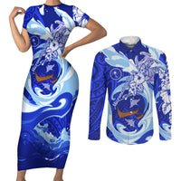 Chuuk Micronesian Roots Couples Matching Short Sleeve Bodycon Dress and Long Sleeve Button Shirt Polynesian Tribal Pattern Hibiscus Flower And Stingray Art