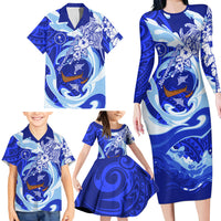 Chuuk Micronesian Roots Family Matching Long Sleeve Bodycon Dress and Hawaiian Shirt Polynesian Tribal Pattern Hibiscus Flower And Stingray Art