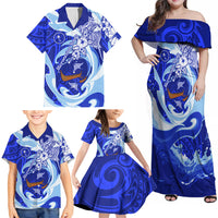 Chuuk Micronesian Roots Family Matching Off Shoulder Maxi Dress and Hawaiian Shirt Polynesian Tribal Pattern Hibiscus Flower And Stingray Art