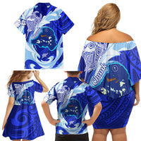 Chuuk Micronesian Roots Family Matching Off Shoulder Short Dress and Hawaiian Shirt Polynesian Tribal Pattern Hibiscus Flower And Stingray Art