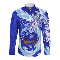 Chuuk Micronesian Roots Long Sleeve Button Shirt Polynesian Tribal Pattern Hibiscus Flower And Stingray Art