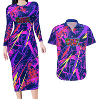 Chuuk Tropical Sunset Coordinates Couples Matching Long Sleeve Bodycon Dress and Hawaiian Shirt Neon Graffiti Polynesian Tribal