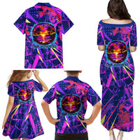 Chuuk Tropical Sunset Coordinates Family Matching Puletasi and Hawaiian Shirt Neon Graffiti Polynesian Tribal