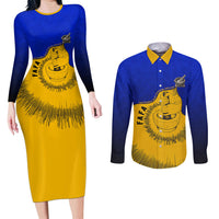 Kosrae Fafa Culinary Heritage Couples Matching Long Sleeve Bodycon Dress and Long Sleeve Button Shirt Kosraean Gold Taro Tradition Illustration With Coconut Leaves