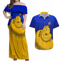 Kosrae Fafa Culinary Heritage Couples Matching Off Shoulder Maxi Dress and Hawaiian Shirt Kosraean Gold Taro Tradition Illustration With Coconut Leaves