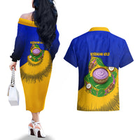 Kosrae Fafa Culinary Heritage Couples Matching Off The Shoulder Long Sleeve Dress and Hawaiian Shirt Kosraean Gold Taro Tradition Illustration With Coconut Leaves
