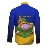 Kosrae Fafa Culinary Heritage Long Sleeve Button Shirt Kosraean Gold Taro Tradition Illustration With Coconut Leaves