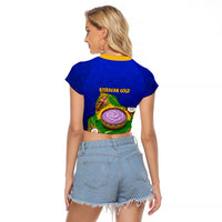 Kosrae Fafa Culinary Heritage Raglan Cropped T Shirt Kosraean Gold Taro Tradition Illustration With Coconut Leaves