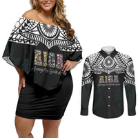 AIGA Always In Gods Arms Samoa Couples Matching Off Shoulder Short Dress and Long Sleeve Button Shirt Polynesian Tribal Tattoo Art Family Heritage Faith