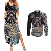 Polynesian Pitbull Couples Matching Summer Maxi Dress and Long Sleeve Button Shirts Polynesian Pattern And Pitbull TS04 Black - Polynesian Pride