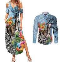 Polynesian Greyhound Couples Matching Summer Maxi Dress and Long Sleeve Button Shirts Polynesian Pattern And Greyhound TS04 Cyan - Polynesian Pride