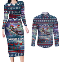 Tonga Christmas Couples Matching Long Sleeve Bodycon Dress and Long Sleeve Button Shirt with Singing Whale Ocean Scene National Coat of Arms - Polynesian Pride