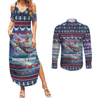 Tonga Christmas Couples Matching Summer Maxi Dress and Long Sleeve Button Shirt with Singing Whale Ocean Scene National Coat of Arms - Polynesian Pride