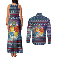 Tonga Christmas Couples Matching Tank Maxi Dress and Long Sleeve Button Shirt with Singing Whale Ocean Scene National Coat of Arms - Polynesian Pride