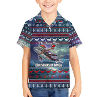 Tonga Christmas Kid Hawaiian Shirt with Singing Whale Ocean Scene National Coat of Arms - Polynesian Pride