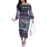 Tonga Christmas Off The Shoulder Long Sleeve Dress with Singing Whale Ocean Scene National Coat of Arms - Polynesian Pride