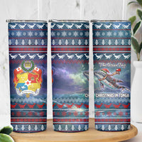 Tonga Christmas Skinny Tumbler with Singing Whale Ocean Scene National Coat of Arms - Polynesian Pride