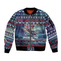 Tonga Christmas Sleeve Zip Bomber Jacket with Singing Whale Ocean Scene National Coat of Arms - Polynesian Pride