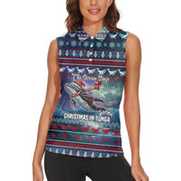 Tonga Christmas Women Sleeveless Polo Shirt with Singing Whale Ocean Scene National Coat of Arms - Polynesian Pride