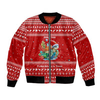Tonga Christmas Bomber Jacket with Sea Turtle Coral Reef Design Snowflake Pattern and National Emblem - Polynesian Pride