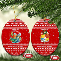 Tonga Christmas Ceramic Ornament with Sea Turtle Coral Reef Design Snowflake Pattern and National Emblem TS04 Oval Red White - Polynesian Pride