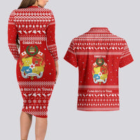 Tonga Christmas Couples Matching Long Sleeve Bodycon Dress and Hawaiian Shirt with Sea Turtle Coral Reef Design Snowflake Pattern and National Emblem - Polynesian Pride