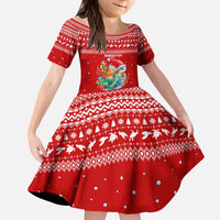 Tonga Christmas Kid Short Sleeve Dress with Sea Turtle Coral Reef Design Snowflake Pattern and National Emblem - Polynesian Pride